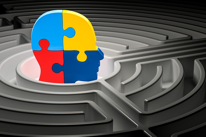 Autism concept, human head from puzzles at center of a maze. 3D rendering - stock photo mental health behavior behavioral health tile brain mind human tile / Getty Images