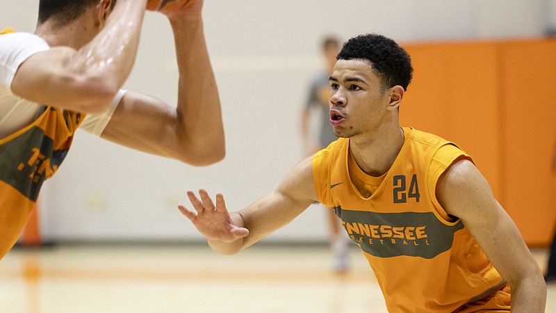 This June 18, 2019, photo shows forward Olivier Nkamhoua #21 of the Tennessee Volunteers during practice at Pratt Pavilion in Knoxville, TN. / Photo By Maury Neipris/Tennessee Athletics
