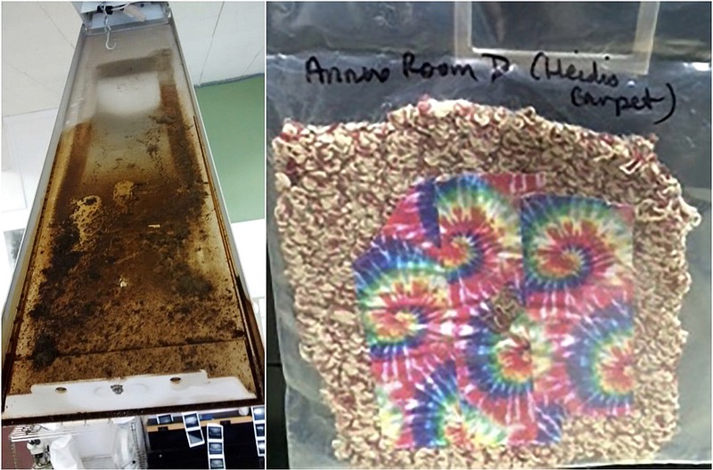 This combination of images from April 28, 2014, and July 15, 2016, respectively, and provided by teacher Cynthia Yost, shows black residue from a failed fluorescent light ballast, left, and a carpet sample from the Sky Valley Education Center in Monroe, Wash. Teachers at the public K-12 school took samples from their rooms and had them tested for toxic polychlorinated biphenyls, or PCBs. The teachers claim that several samples, including air filters, had elevated levels of PCBs, which were used in building materials and fluorescent light ballasts until the chemicals were banned in the late 1970s. (Cynthia Yost via AP)