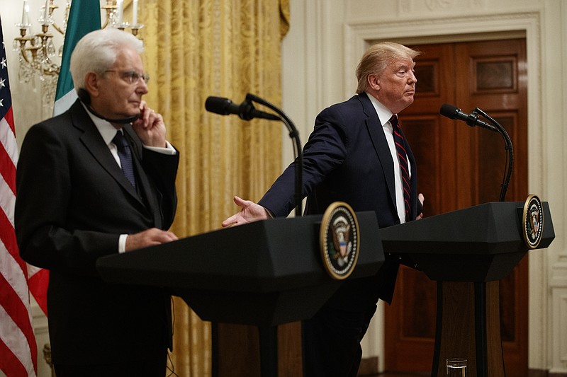 President Donald Trump speaks during a news conference with Italian President Sergio Mattarella in the East Room of the White House, Tuesday, Oct. 16, 2019, in Washington. (AP Photo/Evan Vucci)