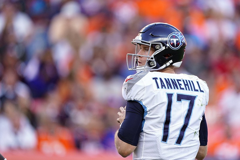 AP photo by Jack Dempsey / Tennessee Titans quarterback Ryan Tannehill prepares to pass during the second half of Sunday's 16-0 loss in Denver.