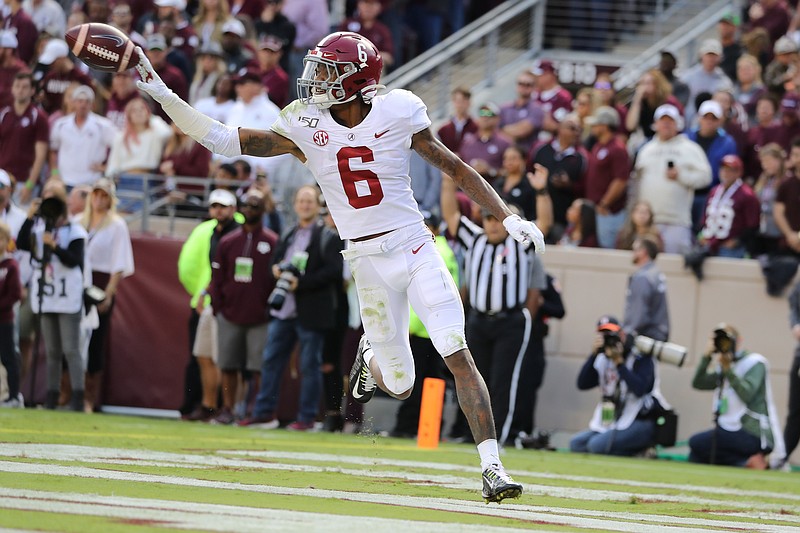 Alabama photo by Kent Gidley / Alabama junior receiver DeVonta Smith had a 47-yard touchdown catch during the first quarter of last Saturday's 47-28 win at Texas A&M, but he was ejected in the fourth quarter and must sit out the first half of this weekend's game against visiting Tennessee.