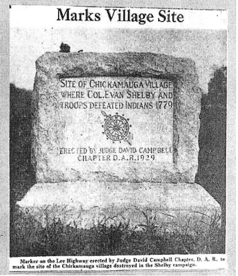 Contributed photo / This marker, established by the DAR in 1929, notes the site of a Chickamauga village (in the Brainerd Hills area) where Col. Evan Shelby and troops defeated Chickamauga Indians in 1779. The marker, which was located on Lee Highway, has been missing for years. Contact Mickey Robbins at mickey@patteninc.com if you know where it is.