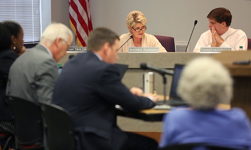 Staff photo by Erin O. Smith / Hamilton County Schools board member Rhonda Thurman asks for more clarification on an item as the board goes over and updates policies during a school board meeting Thursday, July 11, 2019, at the Hamilton County Department of Education in Chattanooga, Tennessee. 