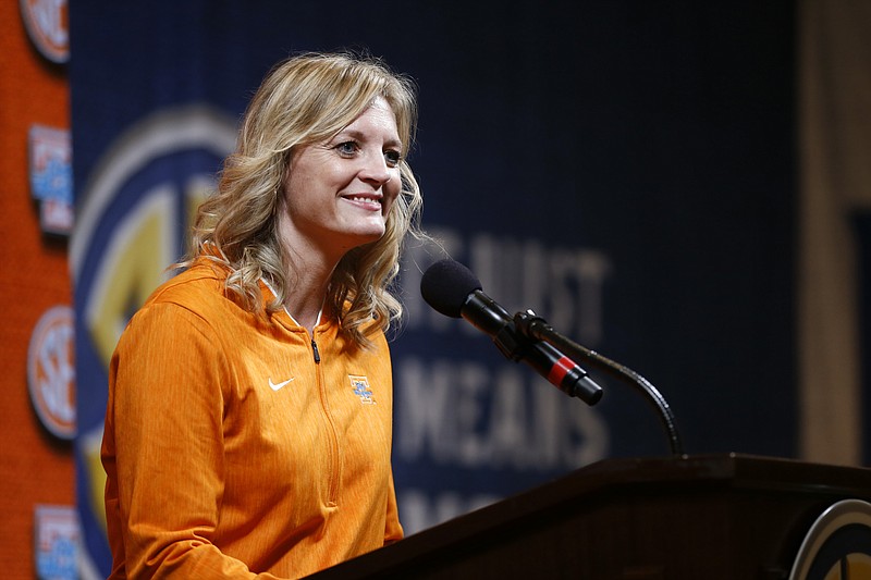 AP photo by Butch Dill / Tennessee coach Kellie Harper speaks during the SEC's media day for women's basketball Thursday in Birmingham, Ala.