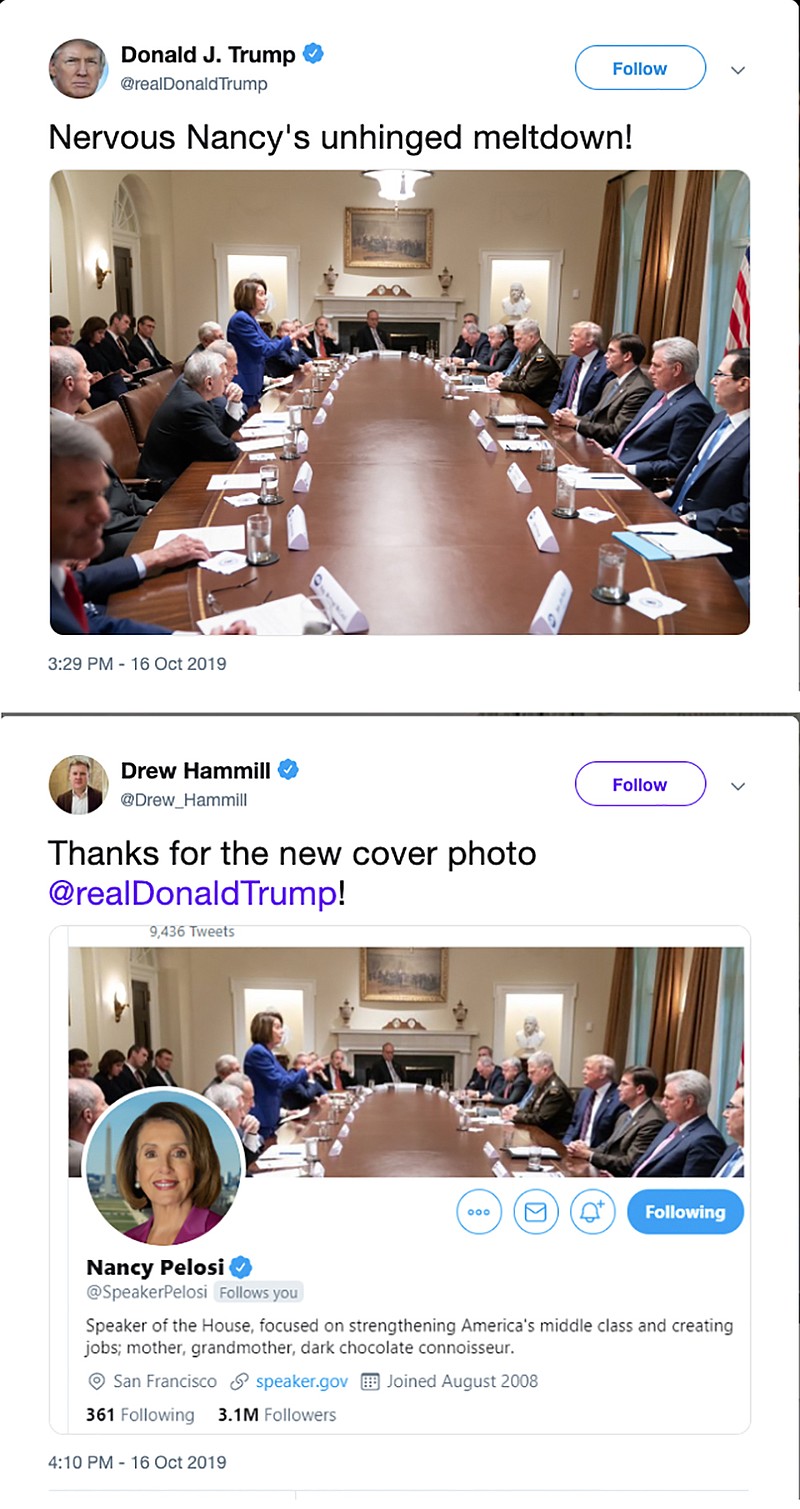 Screenshots via The New York Times)/When President Donald Trump tweeted a photograph of House Speaker Nancy Pelosi, D-California, rising to walk out of a meeting with him this week in the Cabinet Room, he meant it as an insult. But the photograph quickly went viral for an entirely different reason. Top image is from Trump's Twitter feed, bottom image is from that of Drew Hammill, Pelosi's spokesman.