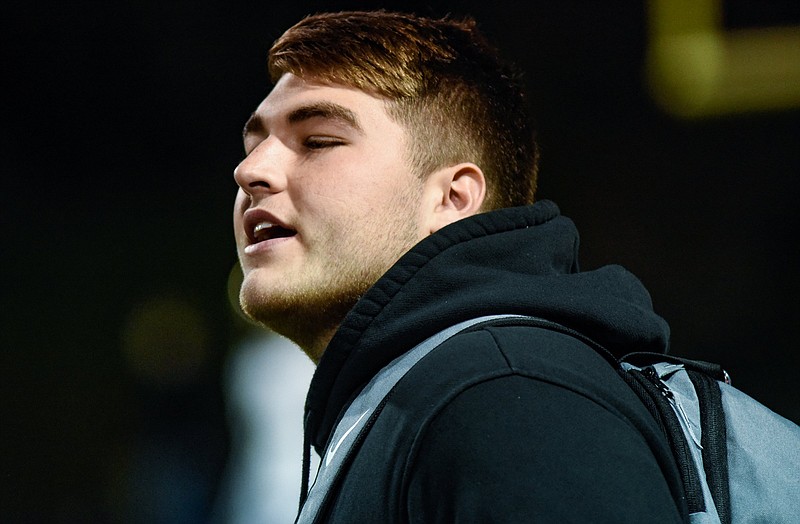 Knoxville Catholic senior Cooper Mays, a 6-foot-3, 283-pound offensive lineman, watches from the sideline as his team plays at Baylor on Oct. 18. Mays signed with Tennessee on Wednesday. / Photo by Cade Deakin