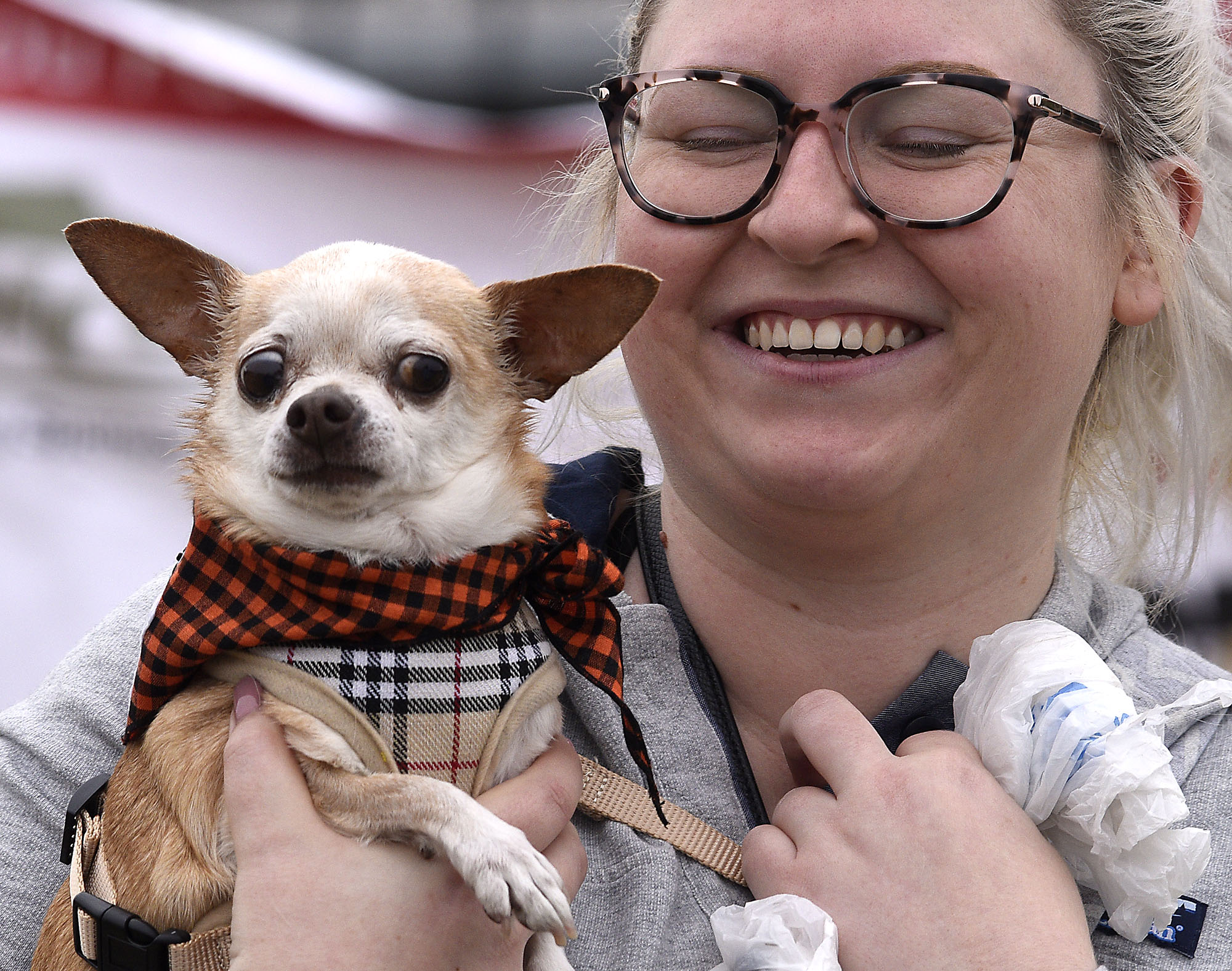Staff Photo by Robin Rudd/ Chihuahua, Sandy, gets to be carried by owner Hannah Blalock. Hundreds of animals lovers gathered to raise money for the Humane Educational Society at the 17th annual Paws in the Park. The event included a walk, dog and human costume contest, and a dog cake-eating contest. Ross's Landing Park was the site of the event on October 19, 2019.