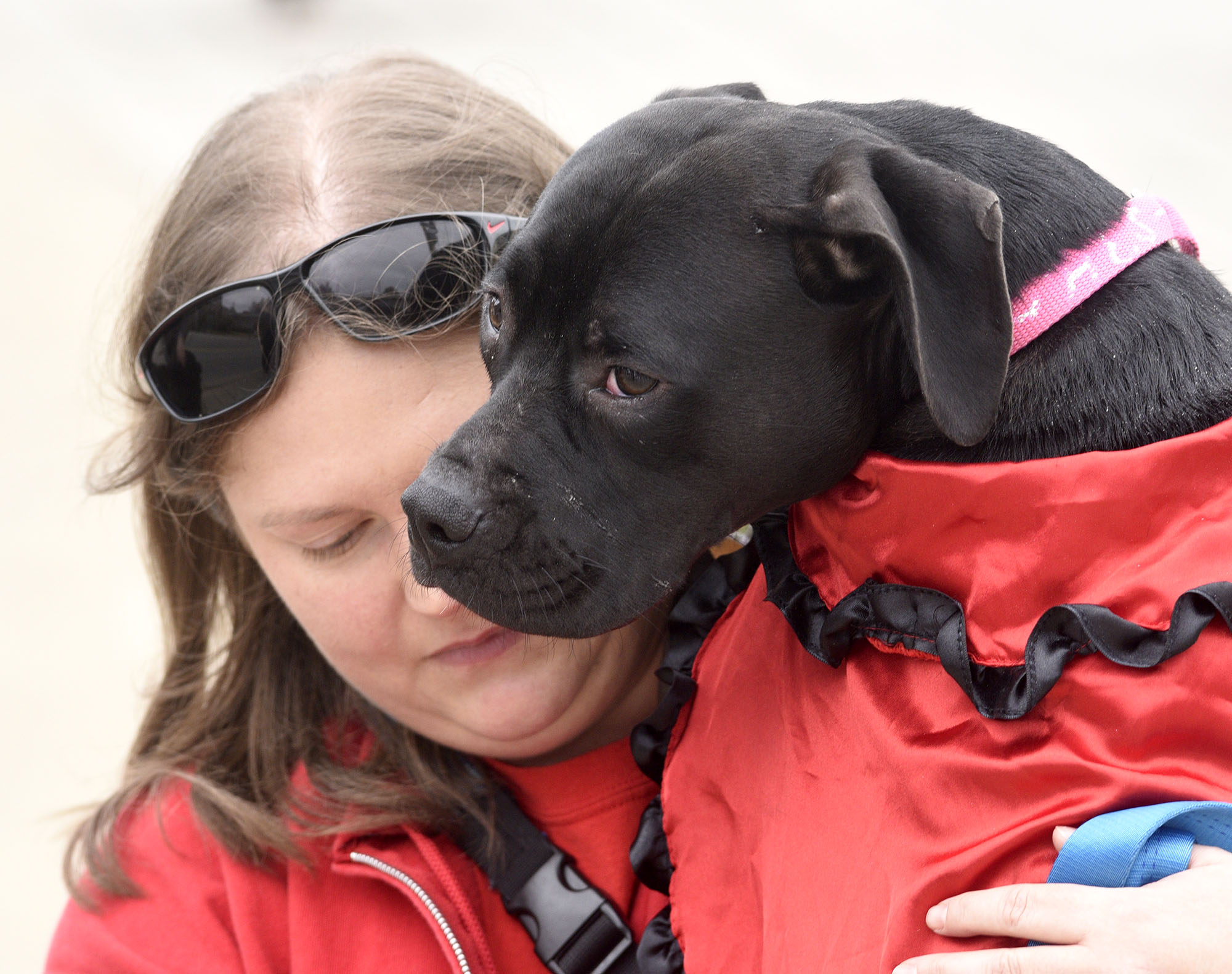 Staff Photo by Robin Rudd/ Shelter dog, Mimi, is comforted by Humane Educational Society volunteer Brittany Mixer. Mimi is available to be adopted. Hundreds of animals lovers gathered to raise money for the Humane Educational Society at the 17th annual Paws in the Park. The event included a walk, dog and human costume contest, and a dog cake-eating contest. Ross's Landing Park was the site of the event on October 19, 2019.