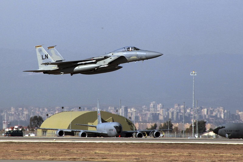 In this Dec. 15, 2015, file photo, A U. S. Air Force F-15 fighter jet takes off from Incirlik Air Base near Adana, Turkey. Frayed U.S. relations with Turkey are raising a sensitive question rarely discussed in public: Should the United States remove the nuclear bombs it keeps at a Turkish air base? There is no known evidence that the weapons are at direct risk, but President Donald Trump has threatened to "obliterate" Turkey's economy if it does not halt its invasion of Syria, and some American arms control experts say the bombs would be safer elsewhere. (AP Photo)