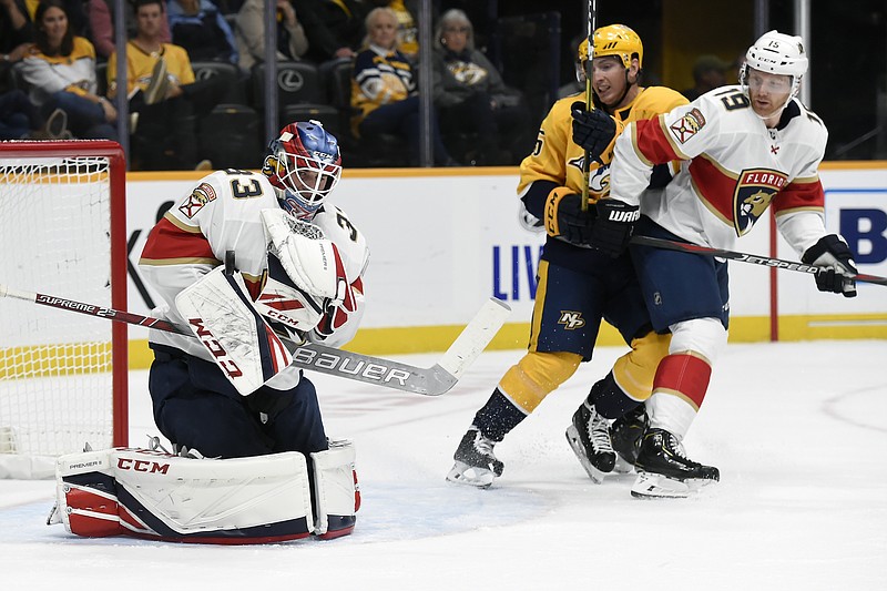 AP photo by Mark Zaleski / Florida Panthers goaltender Sam Montembeault stops a shot during the second period of Saturday night's game against the host Nashville Predators.