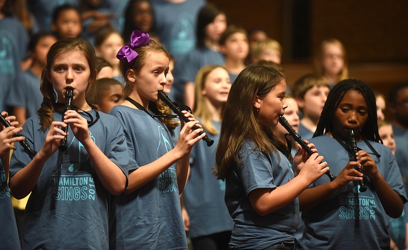 Students play recorders during the Hamilton Sings concert Tuesday, Nov. 10, 2015 at the First Baptist Church Golden Gateway.