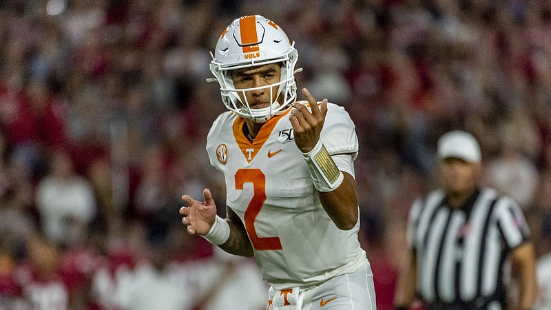 Tennessee quarterback Jarrett Guarantano (2) during the first half of an NCAA college football game against Alabama, Saturday, Oct. 19, 2019, in Tuscaloosa, Ala. (AP Photo/Vasha Hunt)