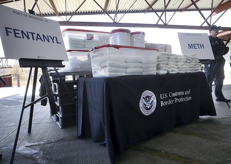 This Thursday, Jan. 31, 2019 file photo shows a display of the fentanyl and meth that was seized by Customs and Border Protection officers at the Nogales Port of Entry, during a news conference in Nogales, Ariz. According to a report released by the Centers for Disease Control and Prevention on Friday, Oct. 25, 2019, fentanyl is driving drug overdose deaths in the U.S. overall, but in nearly half of the country, it's a different story. Meth is the bigger killer. (Mamta Popat/Arizona Daily Star via AP)