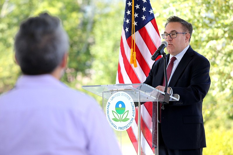Staff photo by Erin O. Smith / EPA director Andrew Wheeler speaks about the release of the final report of the national Superfund Task Force Monday, September 9, 2019 at Southside Community Park in Chattanooga, Tennessee. According to Wheeler, the Southside Chattanooga Lead Site serves as a success story for the Superfund program. The site was added to the National Priorities List a year ago, which opened up additional funding opportunities and allowed the Environmental Protection Agency to replace the lead-tainted soil.