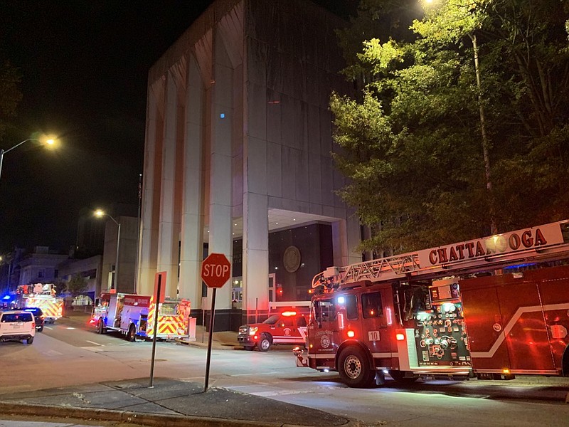 
Multiple agencies work to ventilate the Hamilton County Jail on Tuesday, Oct. 29, 2019, after a malfunctioning ventilation unit flooded several floors with smoke. About 150 inmates were evacuated. / Photo by Lindsey Rogers/Chattanooga Fire Department
