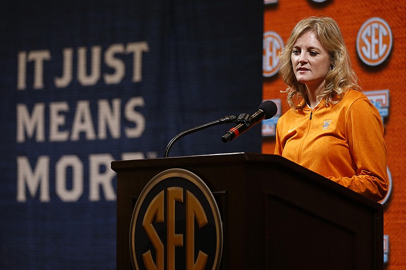 AP photo by Butch Dill / Tennessee coach Kellie Harper speaks during the SEC's media day for women's basketball on Oct. 17 in Birmingham, Ala.