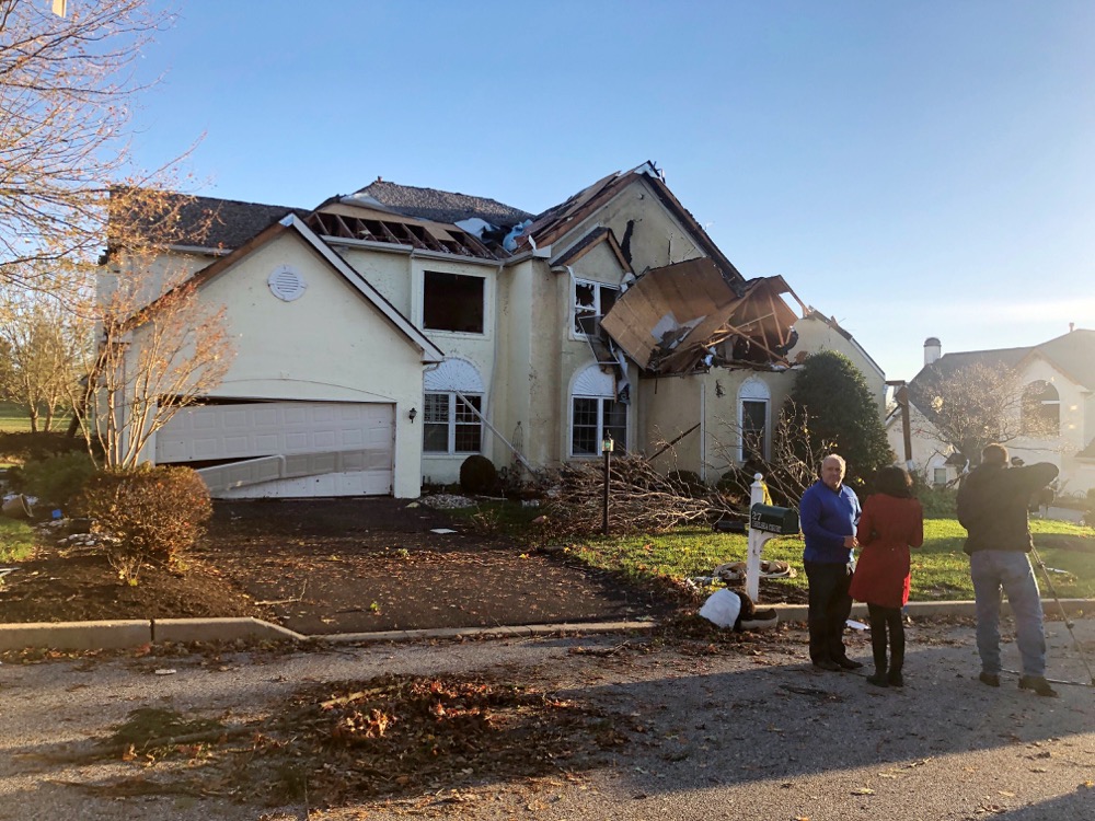 A possible tornado damaged this house in Thornbury Township, Delaware County, Halloween night, October 31, 2019. Photograph from Friday morning November 1, 2019. ( ANNA ORSO / The Philadelphia Inquirer via AP )