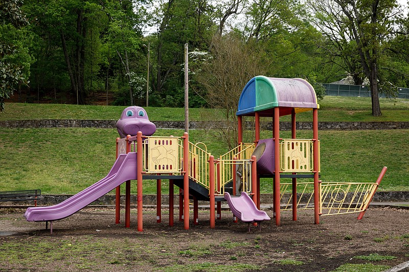 Staff photo by Doug Strickland / East Lake Park's current playground equipment is seen on Friday, April 12, 2019. Officials broke ground earlier this year on a new playground, also to be built in partnership with PlayCore. The project is expected to be completed in January 2020.