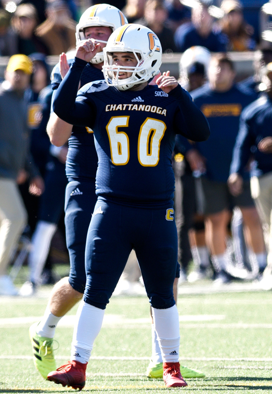 Staff Photo by Robin Rudd/ UTC kicker Victor Ulmo (60) watches as one of his two field goals goes through the uprights. The University of Tennessee at Chattanooga Mocs hosted the Furman Paladins in a Southern Conference football game at Finley Stadium on November 2, 2019.
