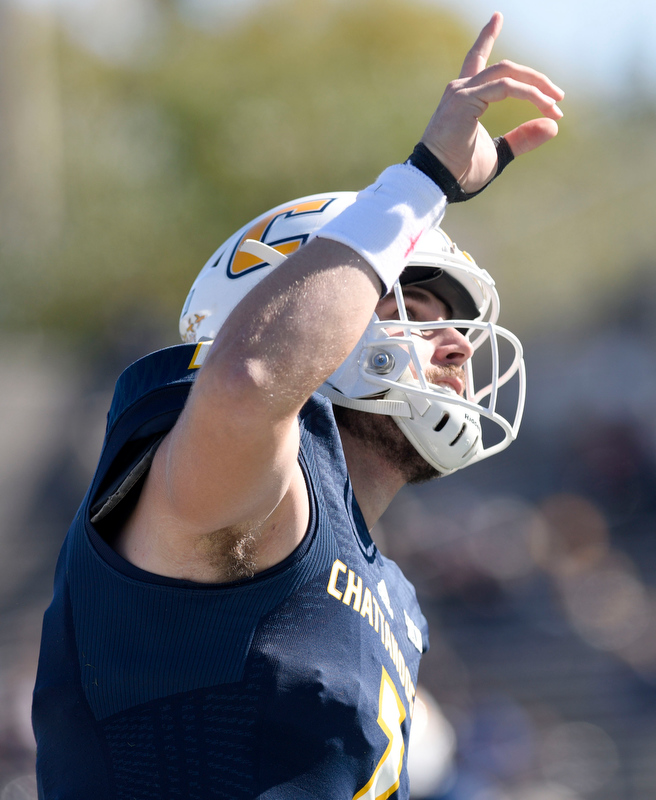 Staff Photo by Robin Rudd/ UTC's Nick Tiano (7) celebrates his touchdown. The University of Tennessee at Chattanooga Mocs hosted the Furman Paladins in a Southern Conference football game at Finley Stadium on November 2, 2019.