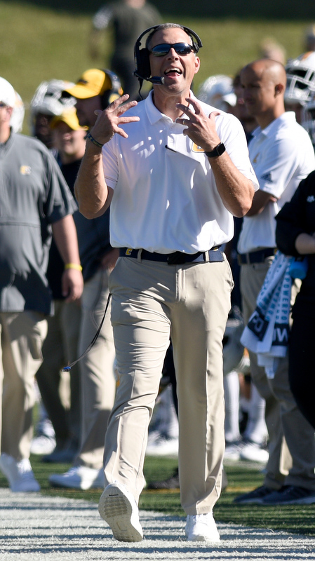 Staff Photo by Robin Rudd/ UTC head coach Rusty Wright reacts to a play by his defense. The University of Tennessee at Chattanooga Mocs hosted the Furman Paladins in a Southern Conference football game at Finley Stadium on November 2, 2019.