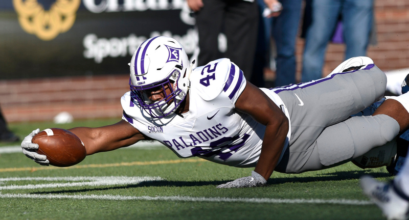 Staff Photo by Robin Rudd/ Furman's Dominic Roberto (42) comes up just short of the endzone. The University of Tennessee at Chattanooga Mocs hosted the Furman Paladins in a Southern Conference football game at Finley Stadium on November 2, 2019.