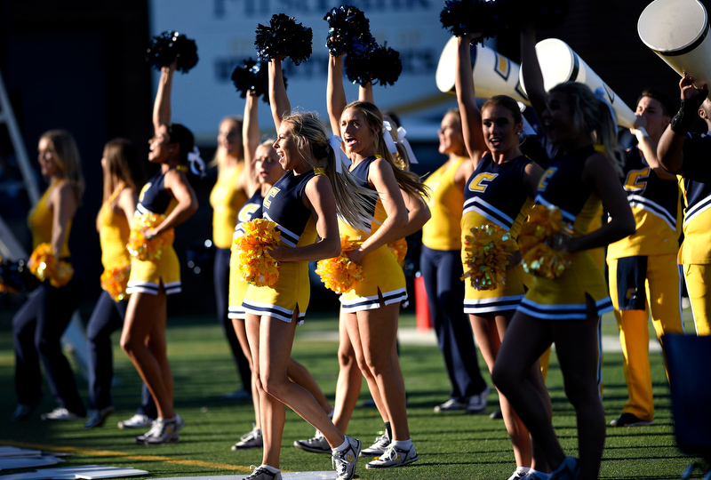 Staff Photo by Robin Rudd/ The UTC cheerleaders cheer on the Mocs in the closeing seconds of the game. The University of Tennessee at Chattanooga Mocs hosted the Furman Paladins in a Southern Conference football game at Finley Stadium on November 2, 2019.