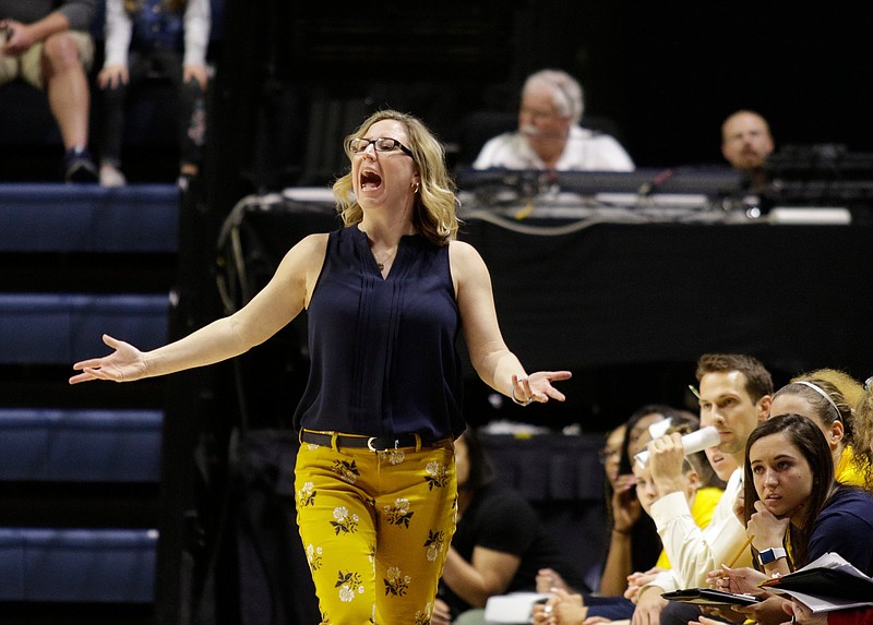 Staff file photo / Chattanooga women's basketball coach Katie Burrows shouts to players during the Mocs' home SoCon basketball game against the Mercer Bears at McKenzie Arena on Saturday, Feb. 23, 2019, in Chattanooga, Tenn.