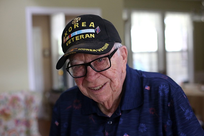 Staff photo by Erin O. Smith / Tommy Thompson, 90, poses for a photo at his Hixson, Tennessee, home Tuesday, October 29, 2019. Thompson served eight years in the Marines in World War II and Korea.