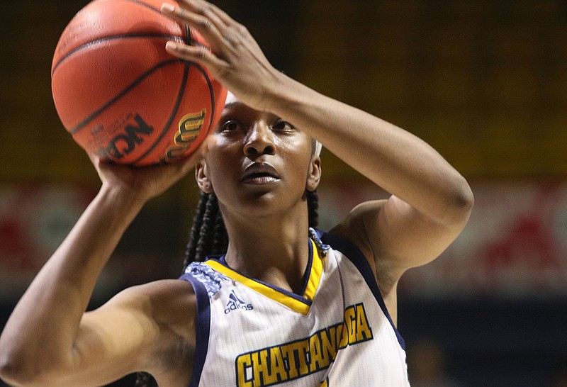 Staff photo by Erin O. Smith / UTC's Eboni Williams (3) puts up a free-throw shot during the UTC vs. Lee basketball game Tuesday, October 29, 2019 at UTC in Chattanooga, Tennessee.