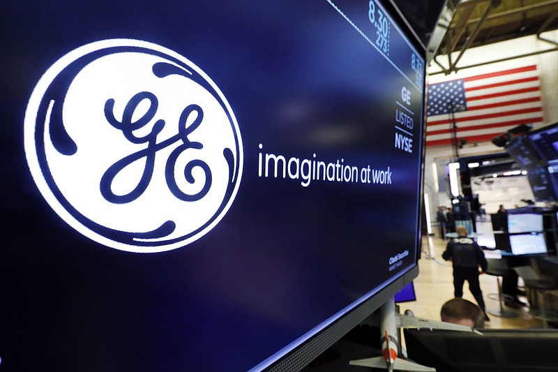 In this Aug. 16, 2019, file photo the logo for General Electric appears above a trading post on the floor of the New York Stock Exchange. General Electric Co. reports financial earns on Wednesday, Oct. 30. (AP Photo/Richard Drew, File)