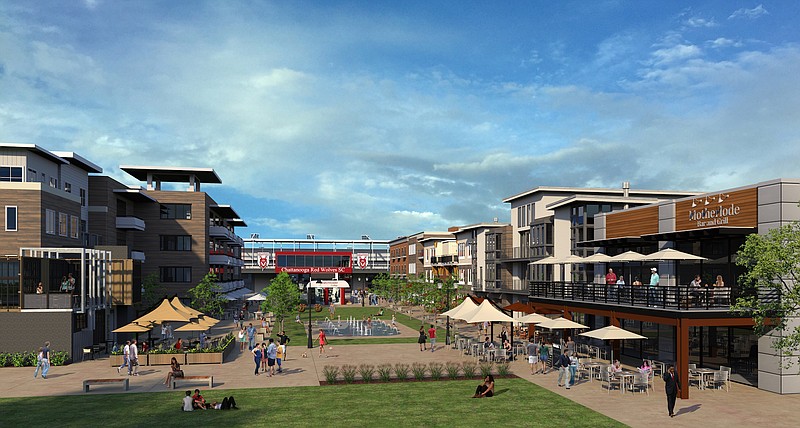 Rendering by Star Community Builders / An image shows a "Main Street" kind of atmosphere that's to include restaurants, apartments, hotels and other development adjacent to the Chattanooga Red Wolves stadium in East Ridge.