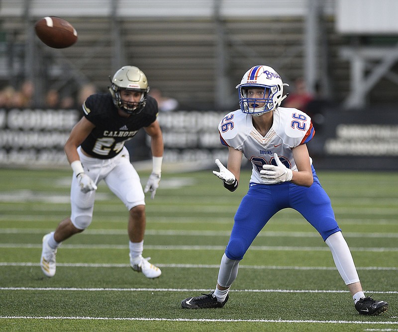 Staff photo by Robin Rudd / Northwest Whitfield's Cade Fisher (26) awaits a pass during an Aug. 9 scrimmage at Calhoun. Northwest welcomes Heritage on Friday night, and the host Bruins can clinch the GHSA Region 6-AAAA title with a victory.