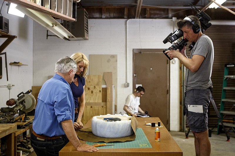 Staff photo by C.B. Schmelter / Camera operator Jay Maurer, right, General Contractor Tom Silva, left, and Women Repair Zone instructor Belinda Harford work on filming an episode of "Ask This Old House" at a workshop off of Amnicola Highway on Tuesday, April 30, 2019 in Chattanooga, Tenn.