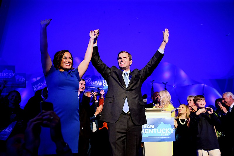 Aaron Borton, The New York Times / Accompanied by running mate Jacqueline Coleman, Kentucky Attorney General Andy Beshear, a Democrat, declares victory in his challenge to incumbent Gov. Matt Bevin on Tuesday night in Louisville, Ky.