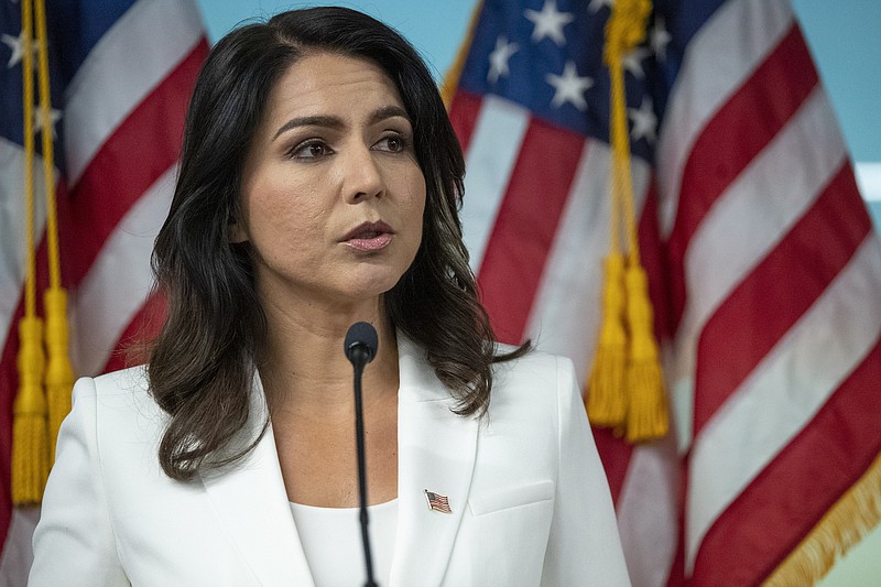 In this Oct. 29, 2019, file photo, Democratic presidential candidate Rep. Tulsi Gabbard, D-Hawaii, speaks during a news conference in New York. Gabbard's fellow Democrats are nervous that she will mount a third-party bid for president. (AP Photo/Mary Altaffer, File)