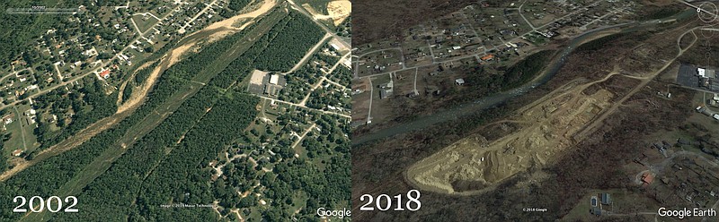 A quarry across from Ivy Academy in Soddy-Daisy is shown on Google Earth in 2002 and 2018. It has been operating for about 15 years on partially residential property without a required conditional permit after an oversight in 2005 by city leaders left current property owners under the belief they were properly certified. The city has taken responsibility for the misstep (Google images).