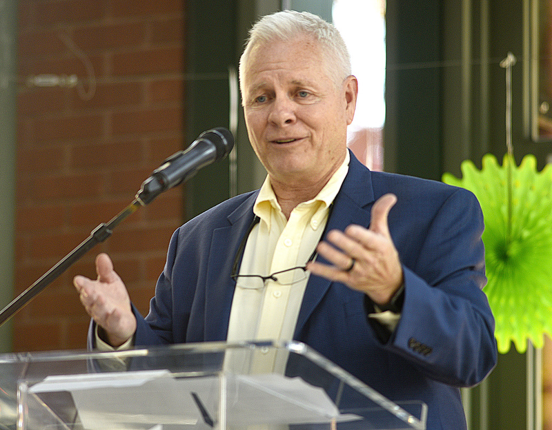 Staff Photo by Robin Rudd/ EPB President & CEO Dan Wade welcomes people to the expo. During the EPB Green Expo, at Miller Plaza's Waterhouse Pavilion, it was announced that the EPB building will be one of the first LEED Gold buildings in Chattanooga. The Expo took place on November 8, 2019.