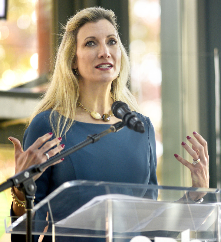 Staff Photo by Robin Rudd/ Chattanooga Chamber President & CEO Christy Gillenwater spoke at the expo. During the EPB Green Expo, at Miller Plaza's Waterhouse Pavilion, it was announced that the EPB building will be one of the first LEED Gold buildings in Chattanooga. The Expo took place on November 8, 2019.