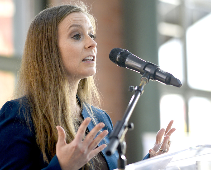 Staff Photo by Robin Rudd/ Elizabeth Hammitt, Director of Environmental Stewardship & Community at EPB, speaks about the utilities efforts to go green. During the EPB Green Expo, at Miller Plaza's Waterhouse Pavilion, it was announced that the EPB building will be one of the first LEED Gold buildings in Chattanooga. The Expo took place on November 8, 2019.