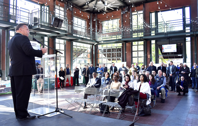Staff Photo by Robin Rudd/ Hamilton County Mayor Jim Coppinger highlighted contributions such as the Tennessee Riverpark to the area. During the EPB Green Expo, at Miller Plaza's Waterhouse Pavilion, it was announced that the EPB building will be one of the first LEED Gold buildings in Chattanooga. The Expo took place on November 8, 2019.