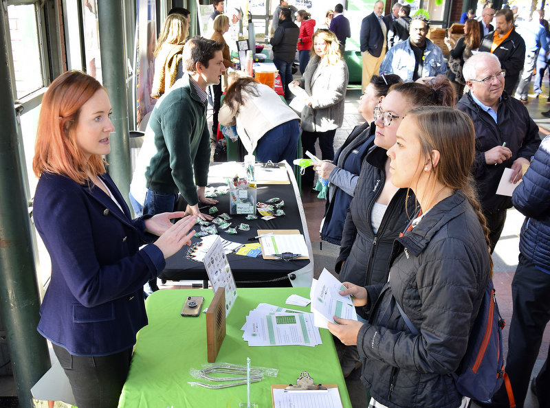 Staff Photo by Robin Rudd/ Kelley Cureton, left, Green Light Program Director for Greens Spaces talks with Randi Jones and Kelly Helton. During the EPB Green Expo, at Miller Plaza's Waterhouse Pavilion, it was announced that the EPB building will be one of the first LEED Gold buildings in Chattanooga. The Expo took place on November 8, 2019.