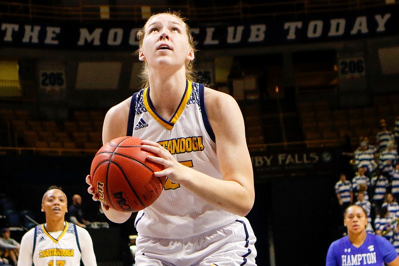 UTC sophomore forward Abbey Cornelius prepare to take a free throw during a home game against Hampton on Nov. 9, 2019. Cornelius was one of four Mocs who played at least 50 minutes in last Saturday's triple-overtime road win against ETSU, and she totaled 18 points, 13 rebounds, three blocks and three assists in the 91-82 victory. / Staff photo by C.B. Schmelter