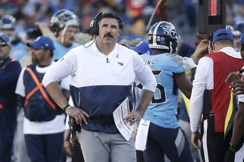 Tennessee Titans head coach Mike Vrabel watches from the sideline in the second half of an NFL football game against the Kansas City Chiefs Sunday, Nov. 10, 2019, in Nashville, Tenn. The Titans won 35-32. (AP Photo/James Kenney)
