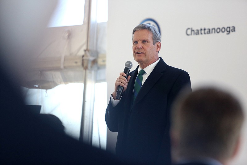 Staff photo by Erin O. Smith / Tennessee Governor Bill Lee speaks during the groundbreaking event for the Volkswagen electric vehicle facility at the Volkswagen plant Wednesday, November 13, 2019 in Chattanooga, Tennessee. 