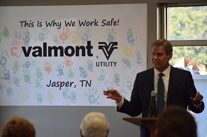 Staff photo by Ben Benton / Gov. Bill Lee talks about a pre-apprenticeship program launched through a partnership between Chattanooga State Community College, Marion County Schools, and Valmont Industries on Wednesday, Nov. 13, 2019.