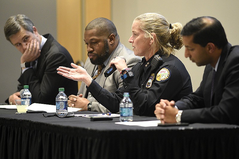 Staff Photo by Robin Rudd/   Danna Vaughn, assistant police chief for Chattanooga speaks during the panel discussion.  The Mayor's Youth Council hosted "Bridging the Gap:  A conversation about gun violence? on Wednesday, on November 13, 2019 at the UTC University Center's Tennessee Room.    