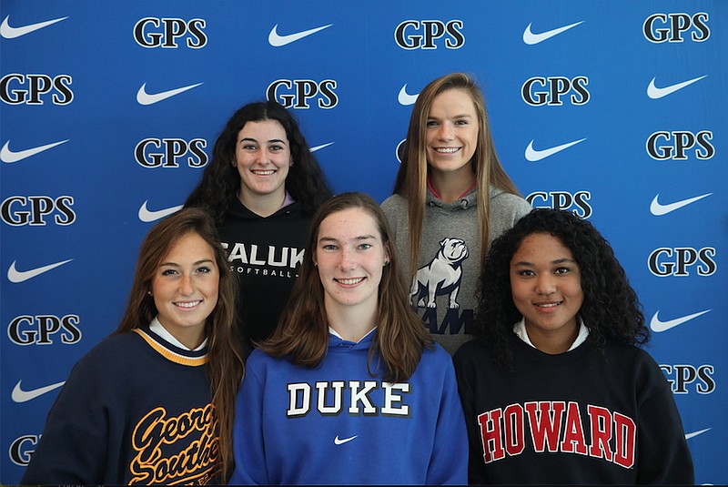 GPS seniors, from left, Emma Scruggs, Liz Warwick, Katie Nash, Meg Priest and Ariana Whatley became NCAA Division I signees Wednesday. / GPS Photo