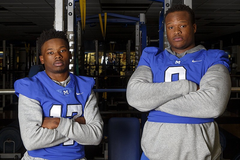 Staff photo by C.B. Schmelter / McCallie quarterback DeAngelo Hardy, left, and defensive end Jay Hardy are cousins who have been central to the Blue Tornado's success this season, which includes a No. 1 seed for the TSSAA Division II-AAA playoffs.